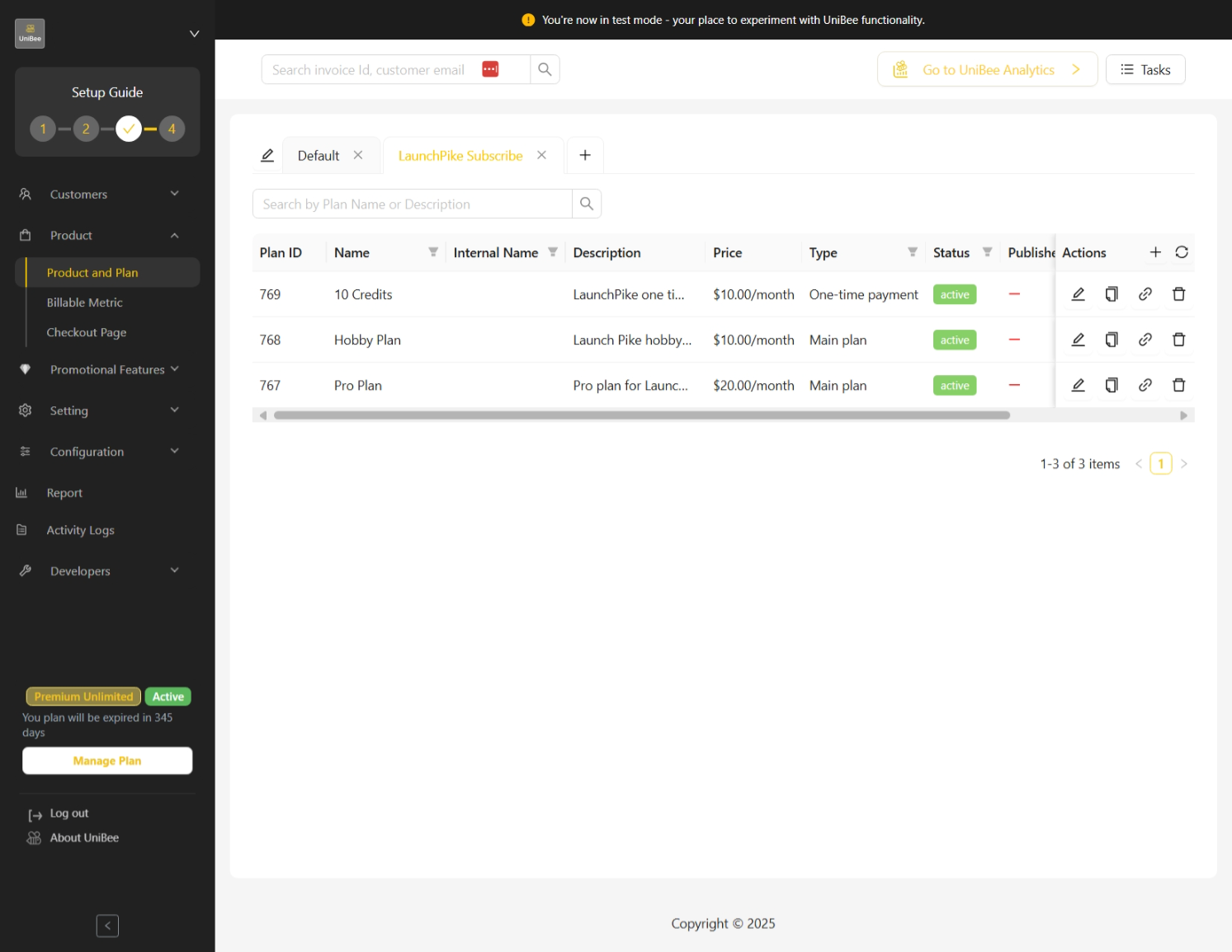 UniBee Product Dashboard